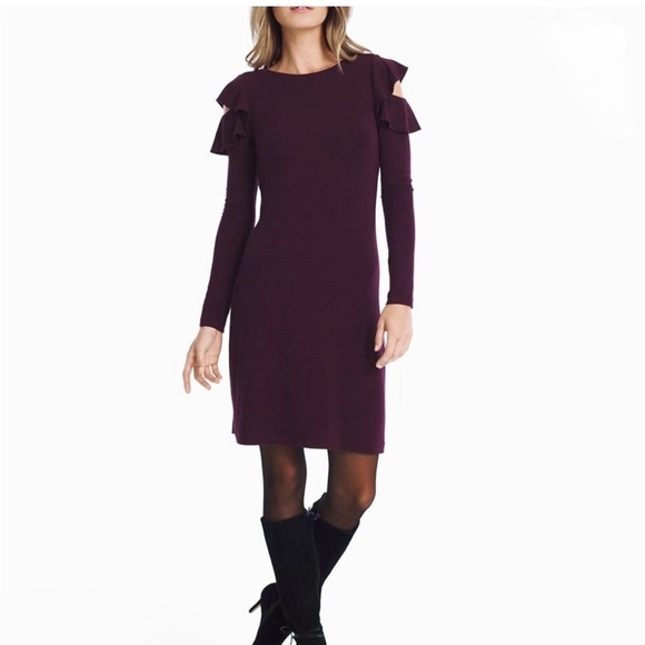 White House Black Market Dresses & Skirts - White House Black Market Long-Sleeve Ruffle Cold Shoulder Dress Cabernet Sz SP